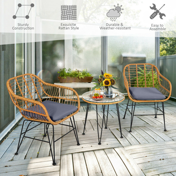 3 Pieces Rattan Furniture Set With Cushioned Chair Table